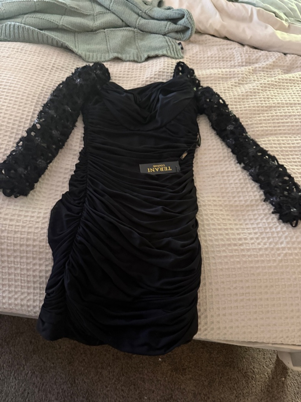 Terani Couture Black Ruched Dress with Lace Long Sleeves